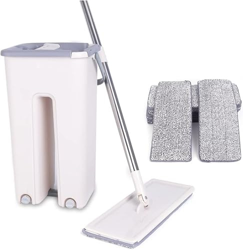 Dekltus Juego de fregona y cubo, fregona plana, cubo de fregona y cubo de limpieza, dos cámaras, mopas húmedas y secas con 10 mopas para suelos y superficies como azulejos, parquet