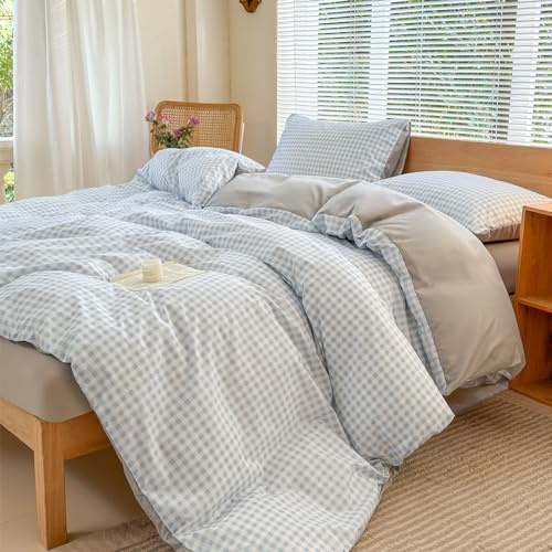 NSNLGSGC Light Blue Gingham Duvet Cover Set Twin, Blue Grid Simple Geometric Square Pattern Comforter Cover,Soft Plaid Washed Microfiber Bedding Cover(2PCS,Twin)