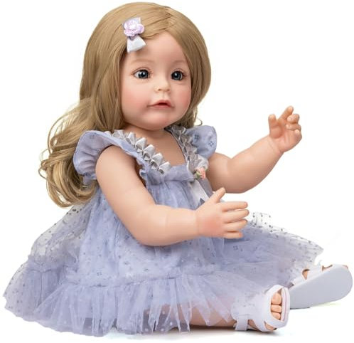 YIHANGG Reborn Baby Puppe Silikon Ganzkörper Mädchen 22Zoll 55cm Langes Blondes Haar Kleinkind Puppe mit Lila Prinzessinnenkleid Geburtstag Weihnachten Geschenk
