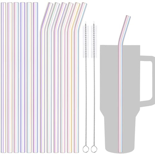 NiHome Iridescent Clear Glass Reusable Drinking Straws 12-Pack, 12x0.35 Set of 6 Straight and 6 Bent with 2 Cleaning Brushes for Milkshakes, Frozen Drinks, Smoothies, Eco-Friendly & Dishwasher Safe