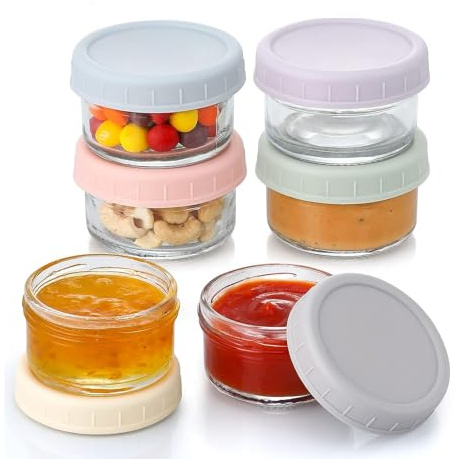 MCHERRY 6 recipientes de aderezo para ensalada, condimentos pequeños de vidrio de 2.7 onzas con tapas, juego de tazas de salsa para salsa, a prueba de fugas, reutilizables para loncheras, picnics y