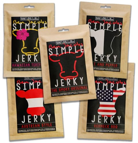 Beef Jerky Sample Box, 10 x 50g, bœuf nourri à l'herbe autrichien de qualité supérieure, sans additifs ni conservateurs (2 x Mixed Flavors)