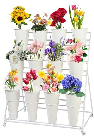 KEPMOGOH Blumenständer Mit Eimern, Bewegliches Schmiedeeisernes Blumenregal, Pflanzenständer, Für Terrasse Garten Balkon Blumenladen, Outdoor Blumen Pop-Up Events(C,3 Tier)