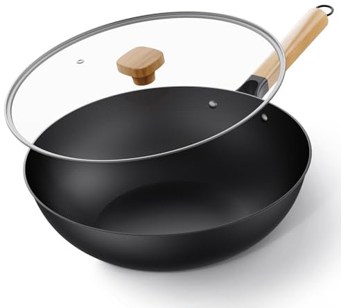 Jobin Wok with Lid Non Stick – 30cm Carbon Steel Wok for Everyday Cooking – Frying Pan Ideal for 3-5 People for Induction, Gas, All Hobs