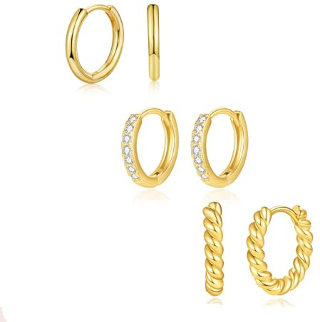 FUNEIA Ohrringe Silber 925 Set für Damen 14K Vergoldet Kleine Creolen Ohrstecker Silber Gold mit Zirkonia Anhänger Stapelbar Wasserfest Stecker Ohrringe Set für Mehrere Ohrlöcher Schmuck Geschenk
