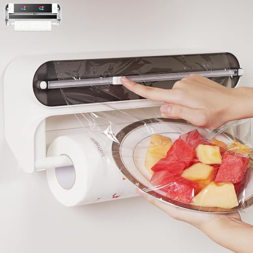 Quasziwa 2-in-1 Folienschneider mit Küchenrollenhalter – Magnetischer Wandrollenhalter Küche für Alufolie & Frischhaltefolie – Einfache Montage, Saubere Schnitte und Platzsparendes Design, Schwarz