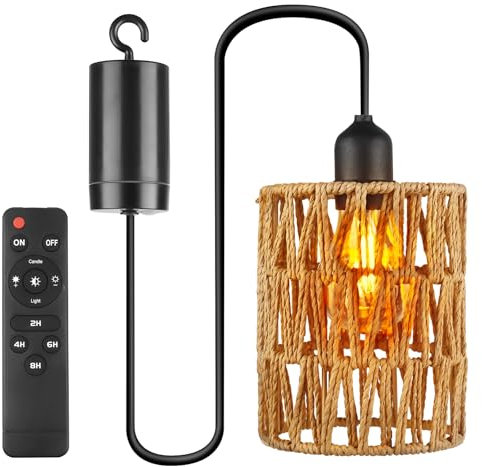 GAOUTO Lámpara de techo de ratán, E27, iluminación exterior con batería, pantalla portátil de ratán, estilo bohemio, lámpara colgante para exteriores, para patio, bar, jardín, terraza, salón