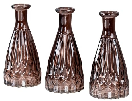 levandeo 3er Set Vasen Glas H15cm Braun Blumenvase Tischdeko Braunglas Glasvase Blumendeko Herbstdeko Vintage Kristallmuster Dekovase