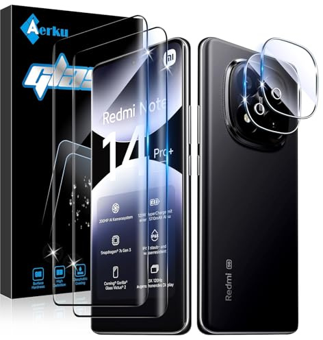 Aerku Protector de Pantalla para Xiaomi Redmi Note 14 Pro Plus 5G | 2x Cristal Templado & 2x Protector de Lente de Cámara, 9H Anti-Rayones, 0,33mm Ultrafino, HD 99,9%, Instalación Sin Burbujas