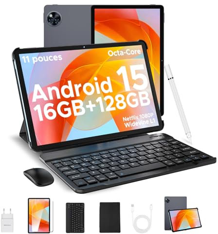DOOGEE U11 Tablette Android 15, Tablette 11 Pouces, 16GB RAM+128GB ROM(2TB TF), Octa-Core Tablette Tactile, 8580mAh, Corps Métallique Ultra-Mince 7,9 mm, Caméra 13MP, Support Face ID/5G WiFi