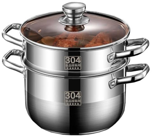 Olla vaporera, olla vaporera de 2 niveles for cocinar, olla de acero inoxidable 304 de calidad alimentaria, cacerola, con mango que se mantiene frío y tapa de vidrio(26cm)