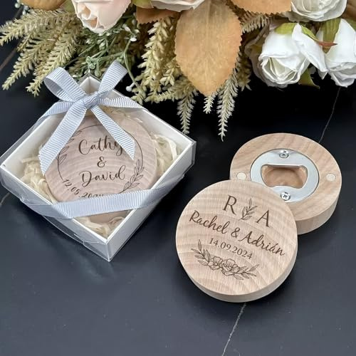 Abridor De Botellas De Madera Personalizado Con Imán, Decoración De Boda, Regalos For Invitados, Nombres Personalizables, Fecha Y Patrón