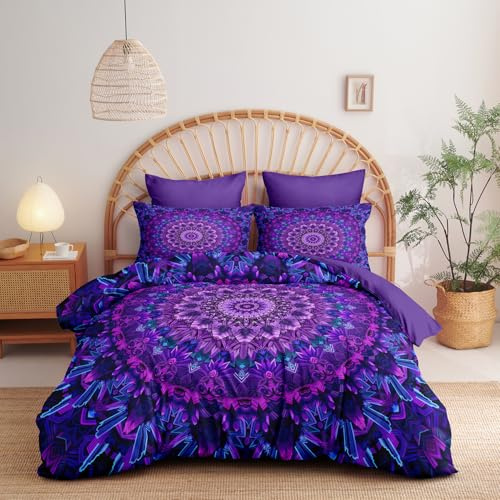 Bettwäsche 140x200 Lila Violett Blumen Boho Mandala und Kissenbezug 70x90 | Bettwäsche Set, Vintage Blumenwiese Blumenmuster, Botanisch, Bohemian Floral Pflanzenmuster, Microfaser, Reißverschluss