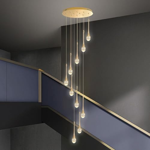 Jatwefiv LED Kronleuchter für Treppen,3000–6500K Modern Dimmbar Spiral Kristall Lang Hängeleuchte Treppenhaus mit Fernbedienung Wassertropfen Pendelleuchte für Hohe Decken Villa Loft,60W/10Lights