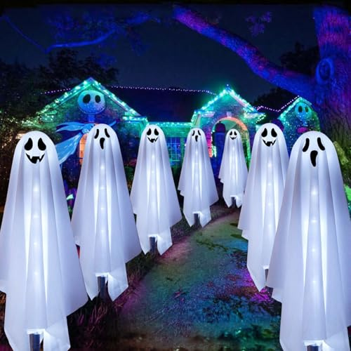 Homeleo Set of 6 Solar Ghost Stake Lights, Halloween Decorations Outdoor, Scary Spooky Garden Patio Grave Lawn Porch Pathway Lights for Outside Yard Trick or Treat Halloween Party Decor Cool White