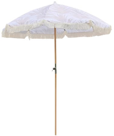 Generico Ombrellone da spiaggia Boho con frangia 200cm, palo di legno pieghevole, modello bianco parasole da esterno Protezione UV 50+ per balcone, giardino, cortile