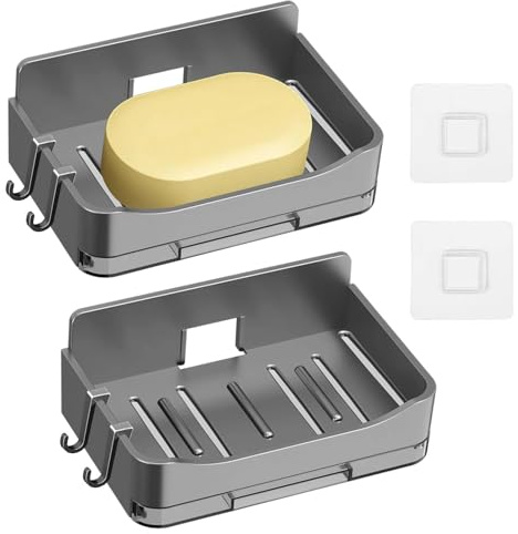 Dulynva 2 Piezas Jabonera Baño Pared Jabonera Ducha sin Taladro con Ganchos y Drenaje Jaboneras Autoadhesiva Porta Esponja Plástico Soporte para Jabón de Baño Cocina Fregadero (Gris)