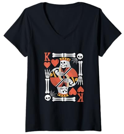 Damen Lustige Skelett-König der Herzen Spielkarte Halloween Poker T-Shirt mit V-Ausschnitt