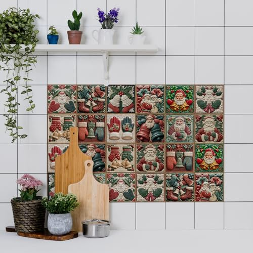 Tile Stickers Red Gloves PVC Vinyl Backsplash Stick On Tiles Self Adhesive Waterproof Oilproof Home Decor for Kitchen, Living Room Fireplace Stairs