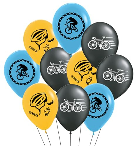 Ovanda 12 Fahrrad Deko Luftballons für Kindergeburtstag & Bike-Party | Aus Latex, heliumgeeignet; 3 Motive in Blau, Schwarz und Gelb für Jungen, Jugendliche, Radrennen und Fahrrad-Mottopartys.