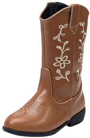 rismart Bambina Stivali da Cowgirl Cowboy Ricamati Western Polpaccio per Inverno, Marrone, 34