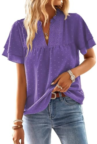 TUUHAW Top Donna Elegante Scollo a V T Shirt Estivo Manica Corta Casuale Bohémien Volant Camicetta Camicia Ampia Abbigliamento Bluse Basic Colore Puro Maglie Contadino Lavoro Blusa Viola L