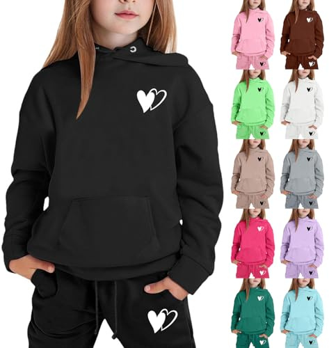 Survêtement d'automne 2 Pièces Hiver Chaud, Sport Sweats À Capuche avec Poche Imprimé Amour Cœur Mode, Pantalon Jogging Enfant Fille Taille Élastique Doux, 2-13 Ans (Black, 12-13 Years)