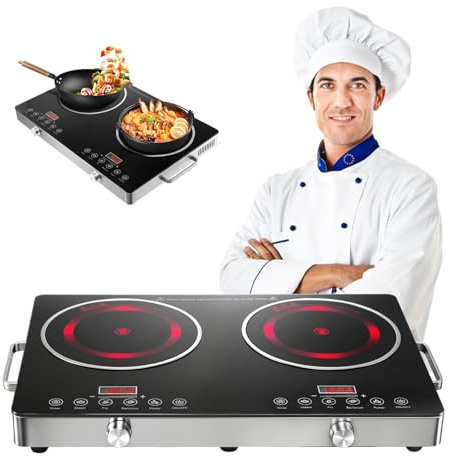 Dibaful Piano cottura in vetroceramica, 7000 W, doppio piano cottura portatile con 2 piastre, controllo touch, piano cottura in vetroceramica, 4 modalità e 9 livelli di potenza, 1-180 minuti, 2 piani