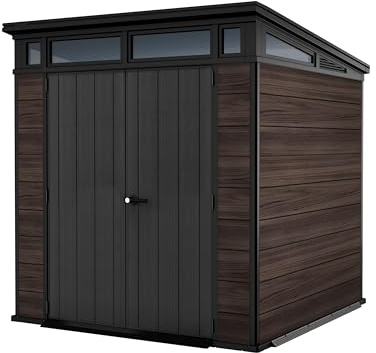 Keter Gerätehaus Signature 7x7 mit Doppeltür und Bodenplatte, abschließbar, Kunststoff wetterfest, 4,7 m² Gartenhaus Rosenholz-Design