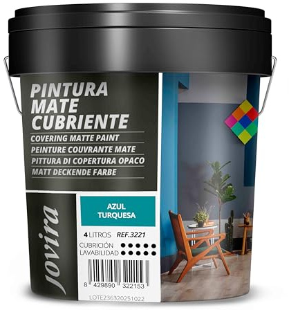 JOVIRA PINTURAS Pintura Mate Cubriente | Colores | Pintura interior-exterior con excelente poder cubriente. (4 Litros, Azul Turquesa)-T