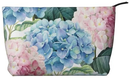 Hortensia Rose et Bleu,Trousse de Toilette en Velours côtelé, Trousse de Maquillage Portable pour Les Voyages
