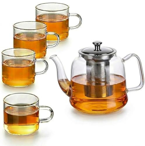 OFFASST Große Teekanne Set aus Glas 1,5 Liter mit Siebeinsatz – Spülmaschinenfestes Teeset mit 4 Tassen für losen Tee, perfekt für Teeparty & als Geschenk