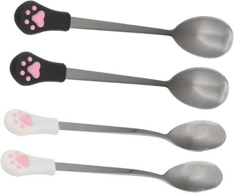 Toddmomy 4pcs Stainless Steel Dog Cat Food Spoon Set Black White Paw Design Pet Food Can Scoop for Feeding and Serving