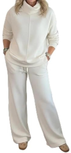 Conjunto de dos piezas con capucha para mujer, cuello alto, ropa deportiva de gran tamaño, casual, holgado, para comodidad diaria (L, blanco)
