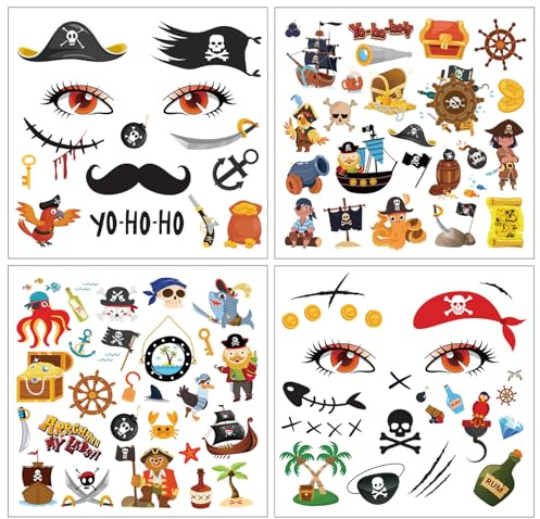 Qpout 8 Hojas Tatuajes Temporales De Cara De Pirata, Pegatinas Impermeables De Calaveras De Barco Pirata Para Adultos Accesorios TemáTicos De Cosplay Para Fiesta De Feria De Halloween