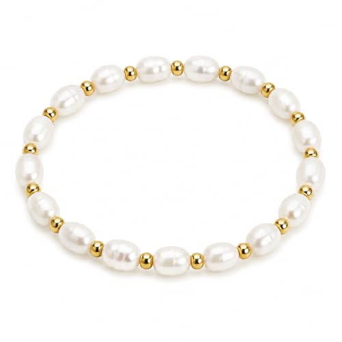 Kamakula Perlenarmband, Echte Süßwasserperlen mit 18K Vergoldeten perlen, Elastisch, Handgemacht, Minimalistisch