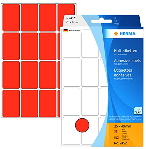 HERMA 2452 Vielzweck-Etiketten, 512 Stück, 25 x 40 mm, 16 pro Bogen, selbstklebend, Haushaltsetiketten zum Beschriften, matt, blanko Papier Klebeetiketten Aufkleber, rot