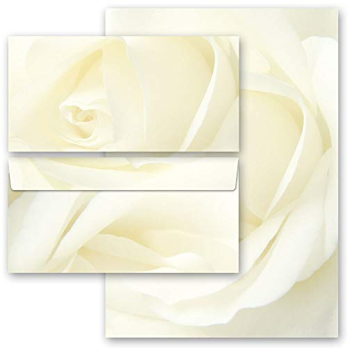 Briefpapier Sets Motivpapier Blumen & Blüten, Liebe & Hochzeit Rosenmotiv, WEISSE ROSE 100 Blatt Briefpapier + 100 passende Briefumschläge DIN LANG ohne Fenster | Paper-Media