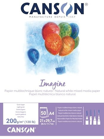 CANSON Imagine, Mixed Media Papier, leichte Körnung, 200 g/m², an der kurzen Seite geleimter Block, DIN A4, 21 x 29,7 cm, Naturweiß, 50 Blatt