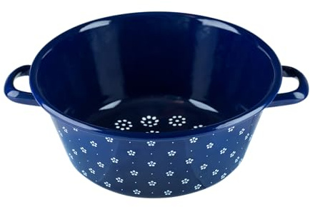 Riess, 0328-073, Gemüsesieb 26, COUNTRY - DIRNDL, Durchmesser 26 cm, Höhe 11.5 cm, Emaille, blümchenblau, blau/weiß