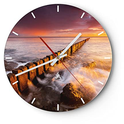 ARTTOR Modern Wanduhr Boot Landschaft Meer Ostsee 40x40cm Rund Groß Wand Uhr Glas Analog Zimmeruhren Küche Büro Wohnzimmer Glasuhr Wall Clock Dekoration Design Wanddekoration Küchenuhr C3AR40x40-3137