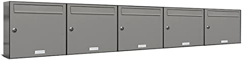 AL Briefkastensysteme 5er Briefkastenanlage Aluminiumgrau RAL 9007, Premium Briefkasten DIN A4, 5 Fach Postkasten modern Aufputz