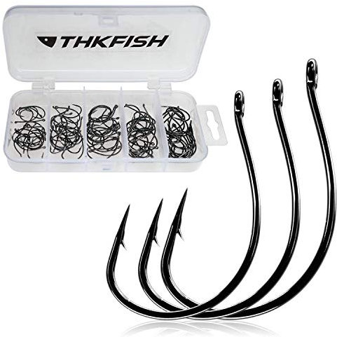 THKFISH 100PCS Angelhaken Angelzubehör Offset Haken Set Angelzubehör Set Wurmhaken Wallerangeln Dropshot Haken #3#2#1 1/0 2/0