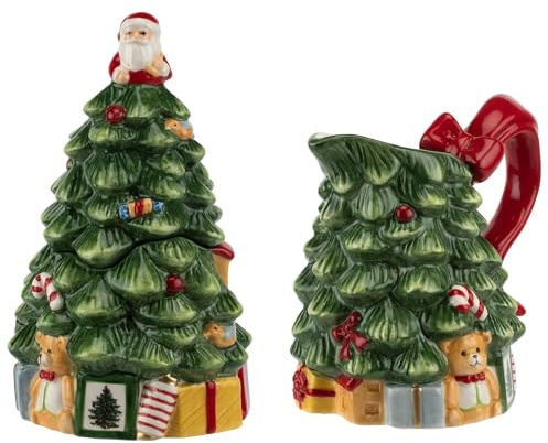 Spode Zucker- und Sahnekännchen-Set mit Weihnachtsbaum, Figurenbaum, 209 ml, Kännchen und 150 ml Zuckerdose mit Deckel, festliches Tee- und Kaffeeset, spülmaschinenfest, Keramikgeschirr