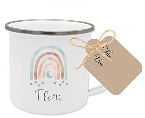 Manufaktur Liebevoll Namenstasse Kinder Kindertasse Personalisiert Emaille Tasse Mädchen Junge Geschenk Regenbogen
