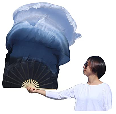 Winged Sirenny Paar Handgemalter Vielseitig Seidenfächer-Schleier mit Poi-Schnüren, Leichte 150cm Fächer-Pois für Bauchtanz, Tribal Dance, Bühnenshows & Spirituelle Tanz (schwarz-weiß)