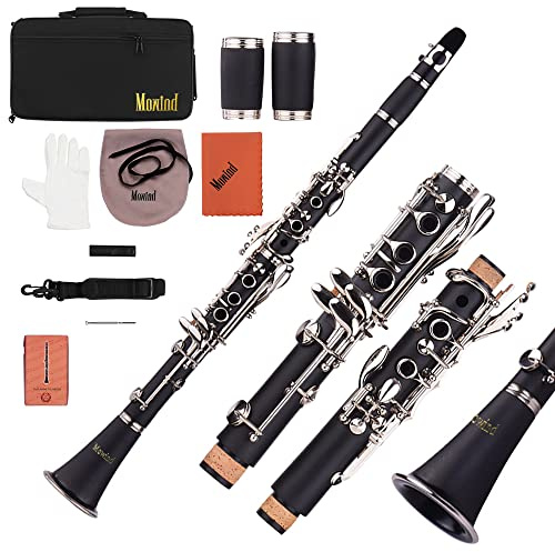 Mowind Bb Flat Clarinet - 17 Key Beginner Student Woodwind Instrument with 2 Barrels and Carry Case, Includes Cleaning Kit