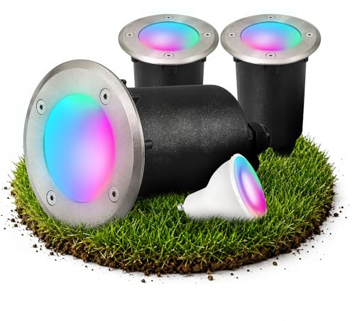 SSC-LUXon 3x MARNE Bodeneinbaustrahler Gartenspot - inkl. LED GU10 WLAN Smart RGB CCT - Außenbeleuchtung rostfrei & befahrbar Steuerbar über App & Sprache