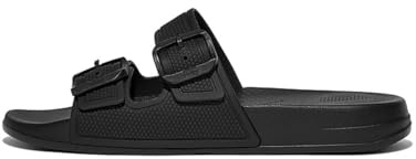 Fitflop Women's iQushion Two-bar Buckle Slides Sandal - Lightweight & Comfortable with Natural Arch Support - All Black - 5 UK