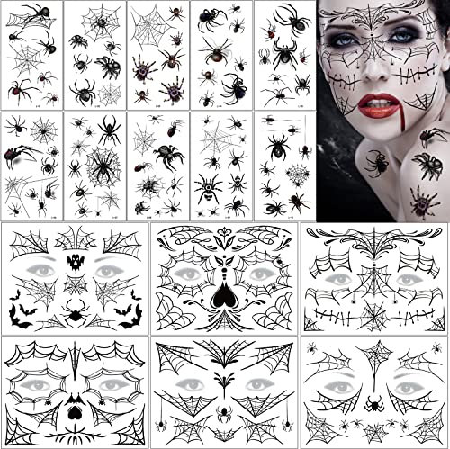 16 Blätter Halloween Gesicht Tattoos Spinne Spinnennetz Tattoos Totenkopf Skelett Rote Rosen Temporäre Tattoo für Männer Damen Halloween Dia De Los Kostüm Accessoires Karneval Mottoparty Maskerade